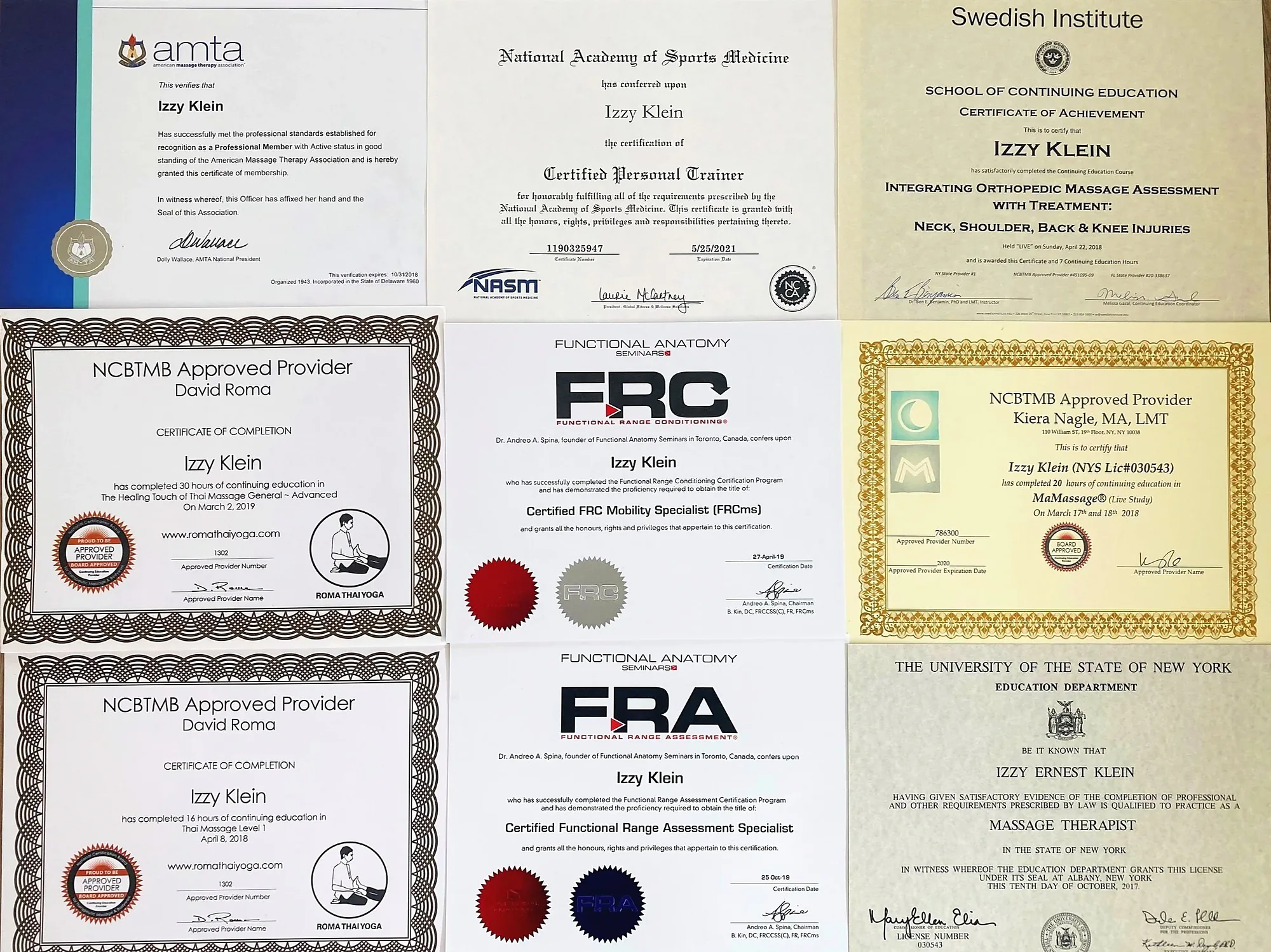 Nine of Izzy's training certificates, including his New York State massage therapist license