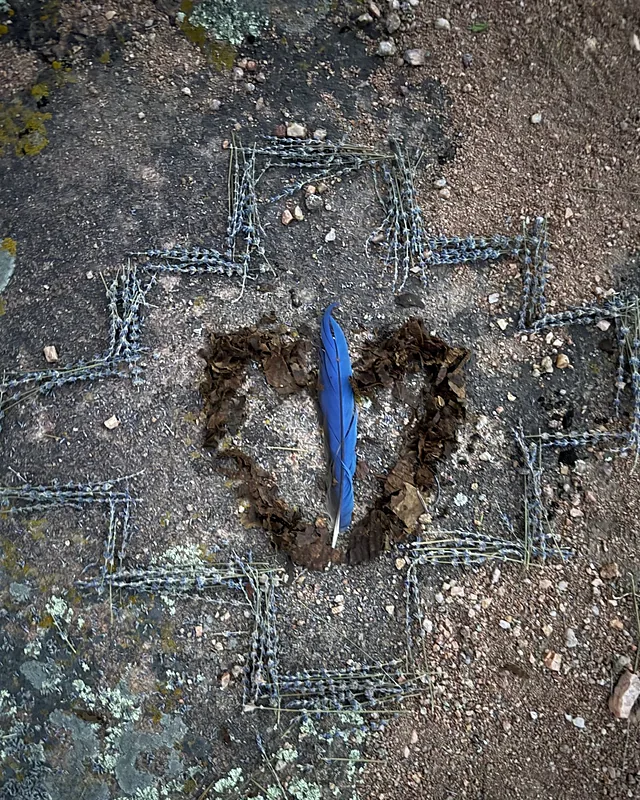 A heart of dried leaves with a blue feather standing in it, laid on lichened rock inside a woven grid